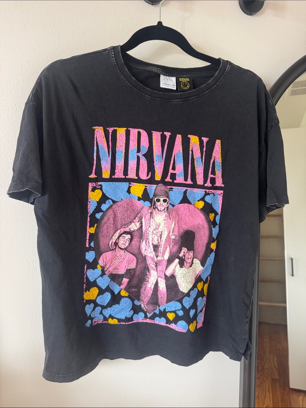Zara Black Nirvana Graphic Tee with Pink Blue Yellow Hearts